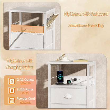 Furologee End Table with Charging Station, Nightstand with Fabric Drawers, Side Tables with USB