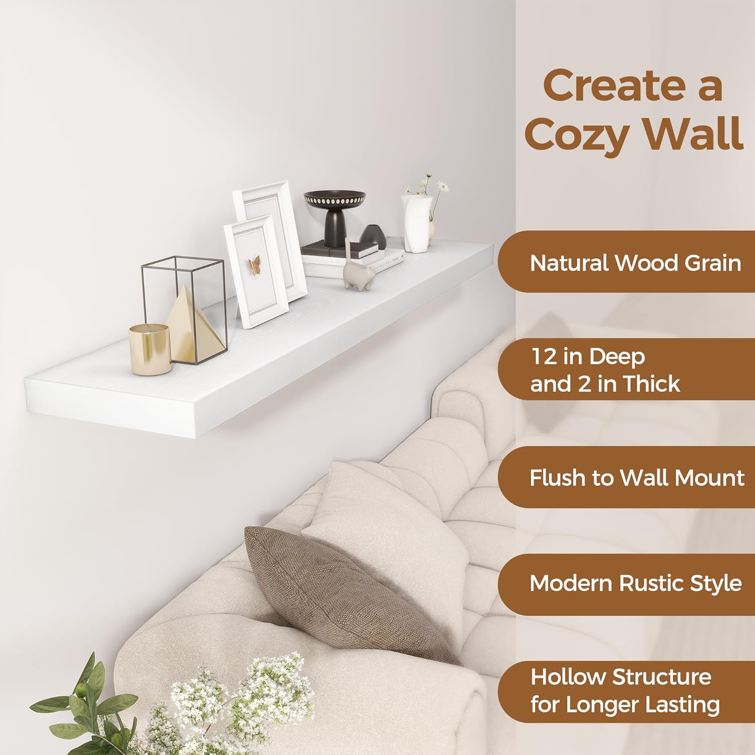 Fun Memories White Floating Shelves 55 Inch Long, 12 Inch Deep Floating Shelves for Wall, 55 x 12