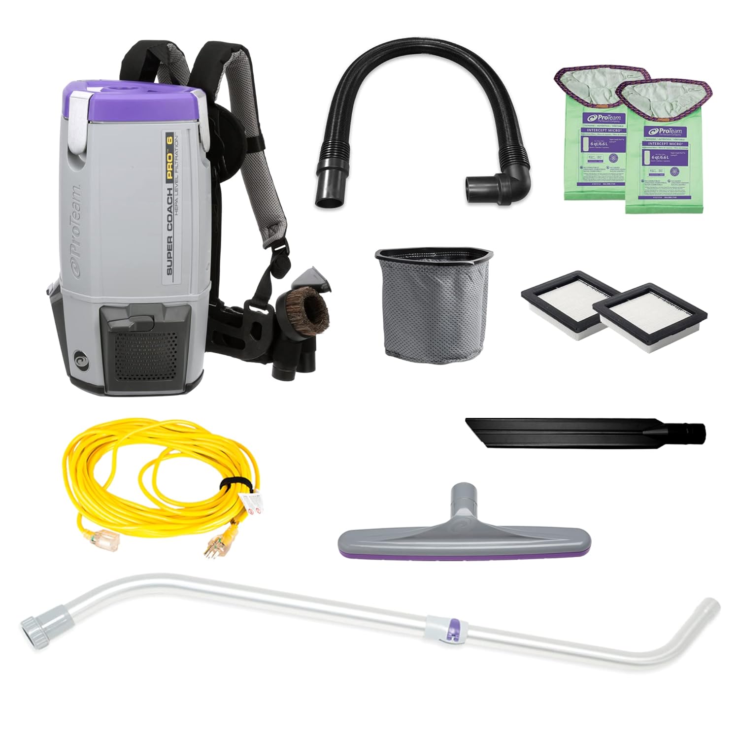 ProTeam Super Coach Pro 6 Backpack Vacuum Commercial with Telescoping Wand Tool Kit, 6 Quart