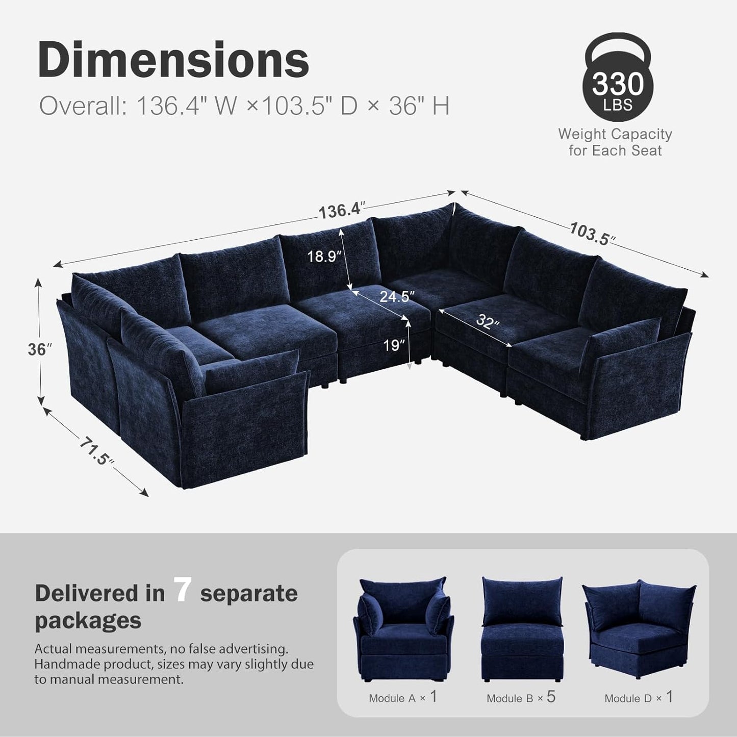 136.4" Oversized Modular Sectional Sofa, U Shaped Convertible Couch with Movable Ottoman, Large 7