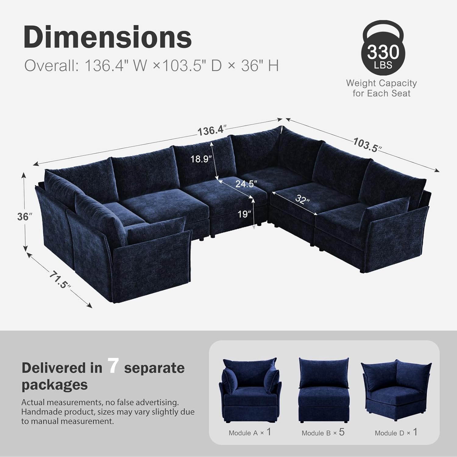 136.4" Oversized Modular Sectional Sofa, U Shaped Convertible Couch with Movable Ottoman, Large 7