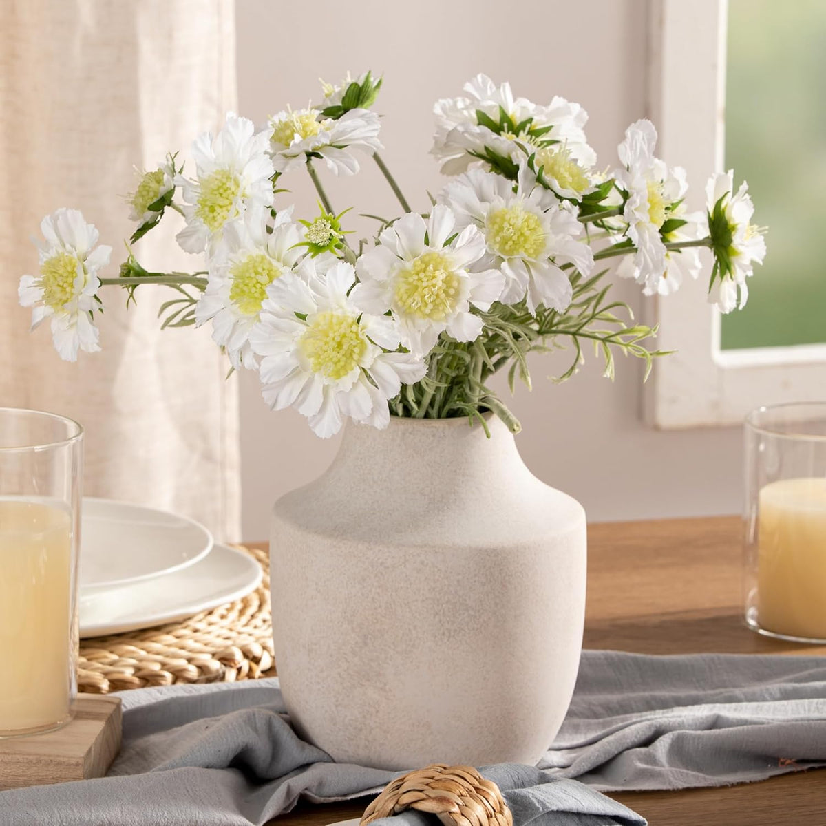 Mitt&Ditt Ceramic Flower Vase, 7.5 inch Off-White Farmhouse Rustic Vase, Handcrafted Weathered