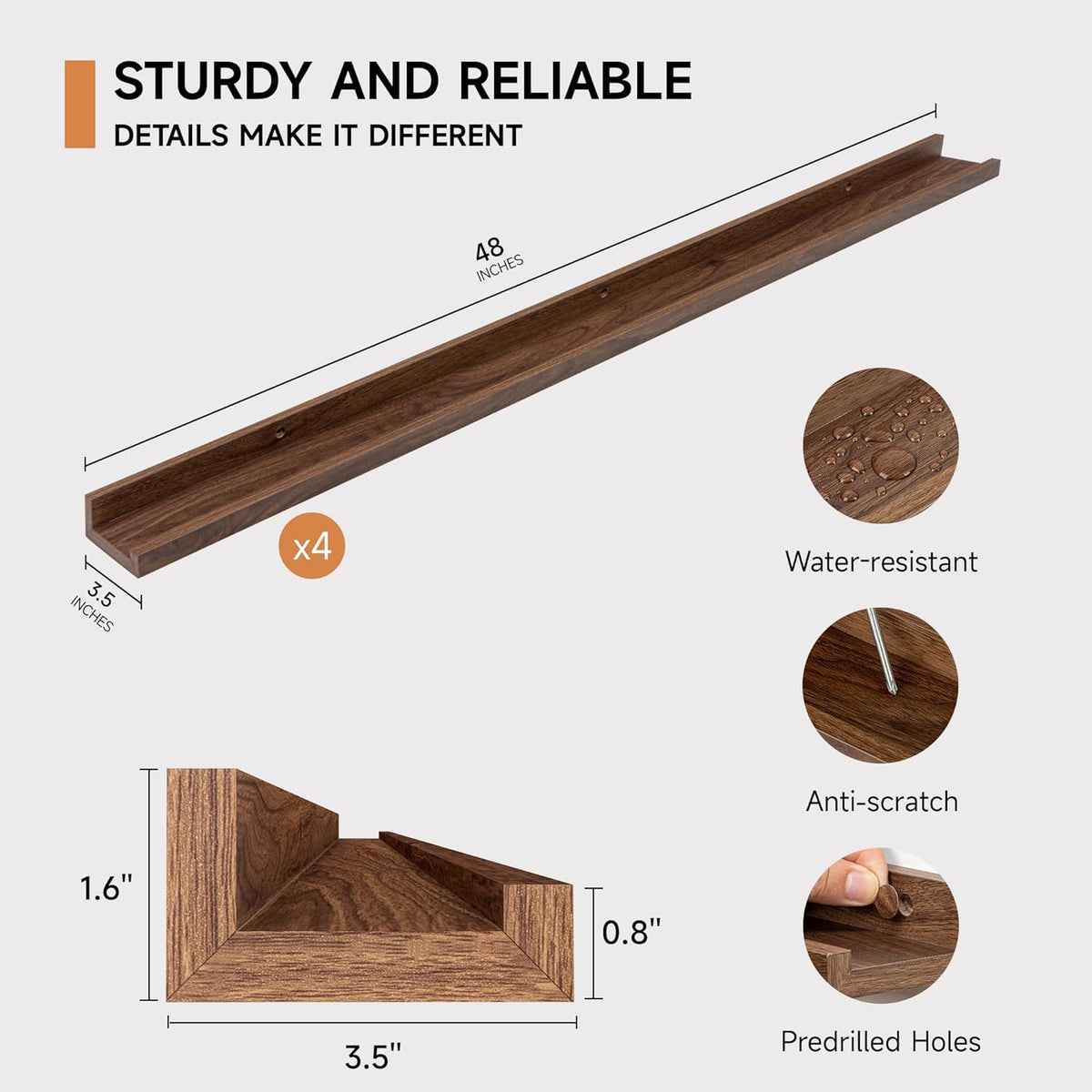 Picture Ledge Shelf for Wall, Floating Shelves Set of 4, 48 Inch Long Nursery Book Shelves for Toys