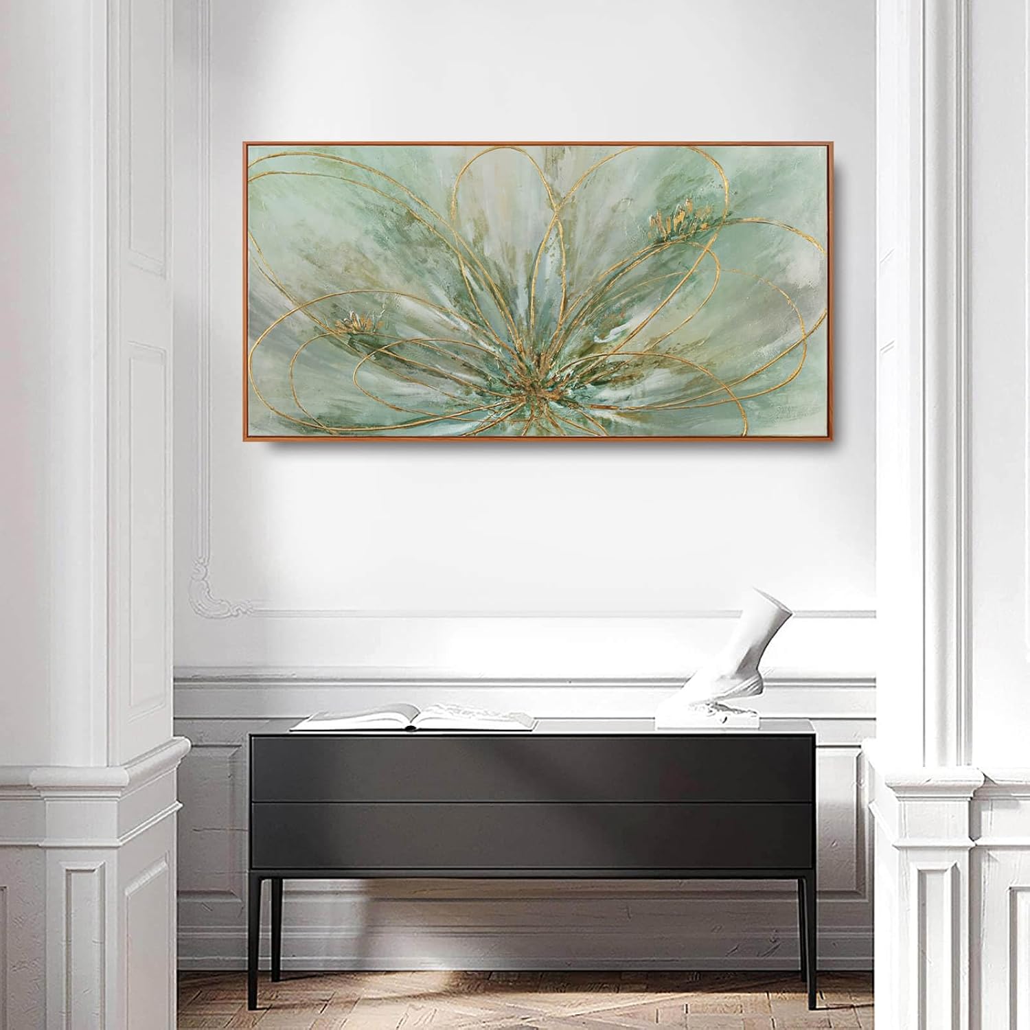 YJYart Green Abstract Canvas Artwork Flowers Wall Decor for Office Line Art Painting 24"x 48"