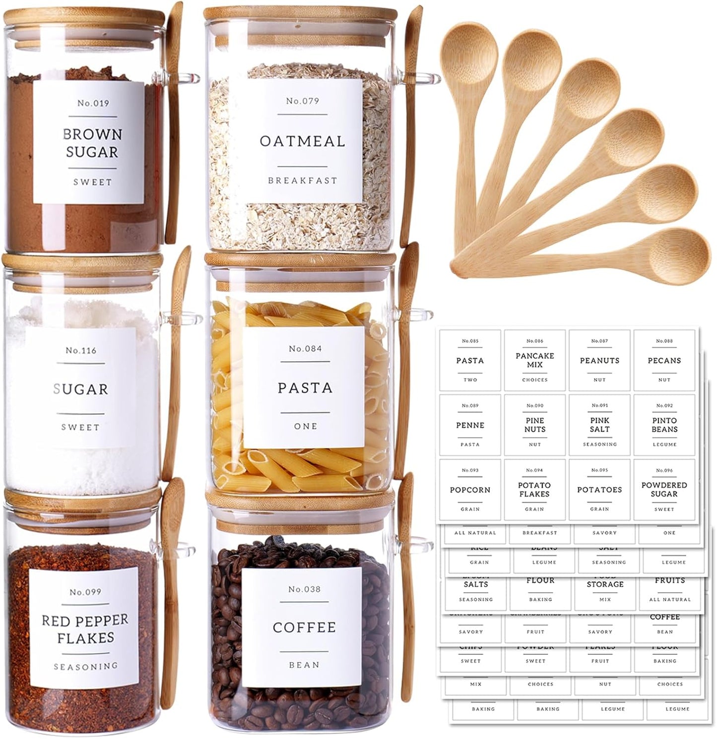 6 Pack Glass Jars with Bamboo Lid and Spoons - 17Oz/27Oz Borosilicate Glass Jars with 132 Pantry