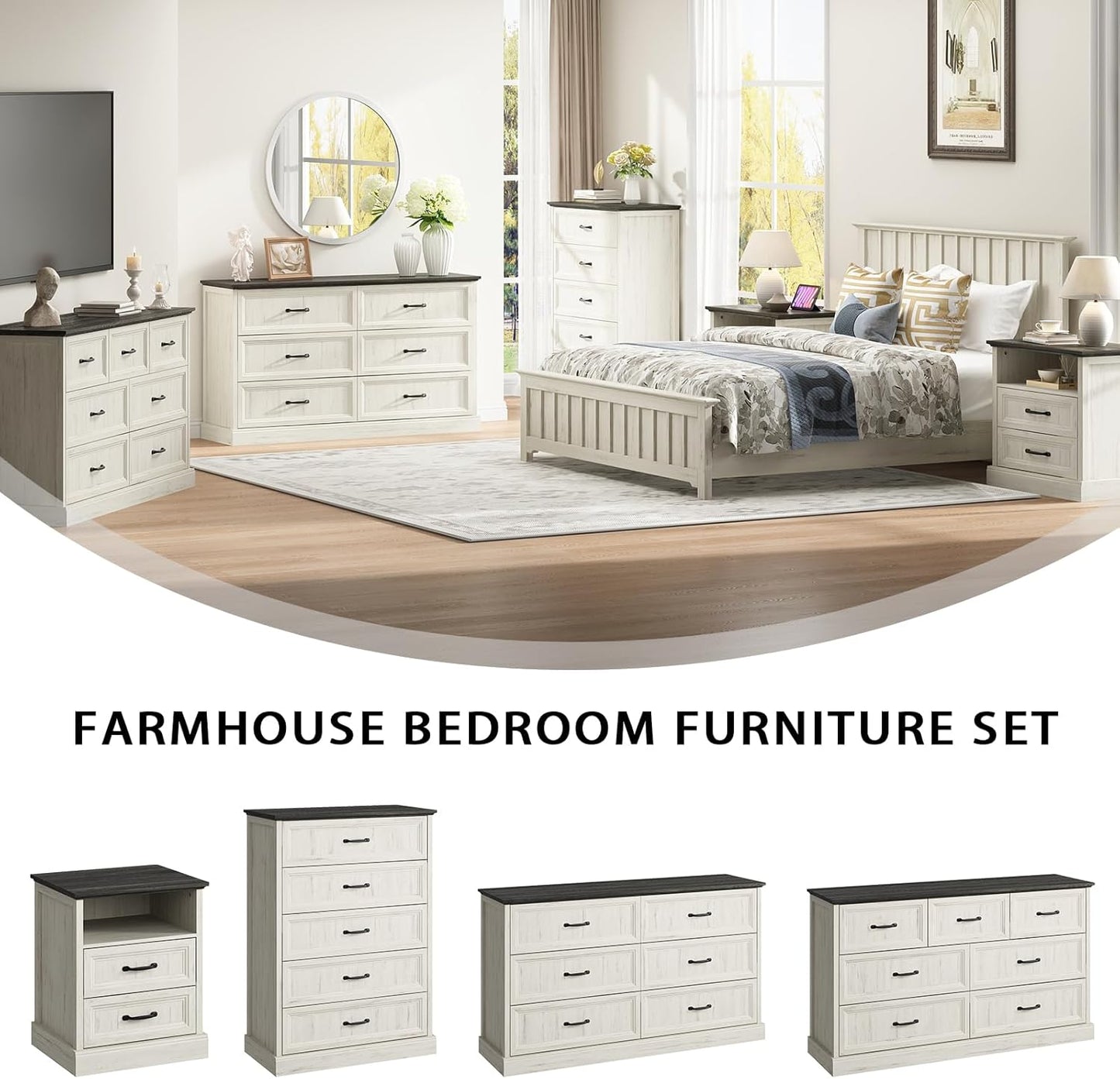 Farmhouse 6 Drawer Dresser for Bedroom, 55 Inch Wide Modern White Dresser TV Stand with Large
