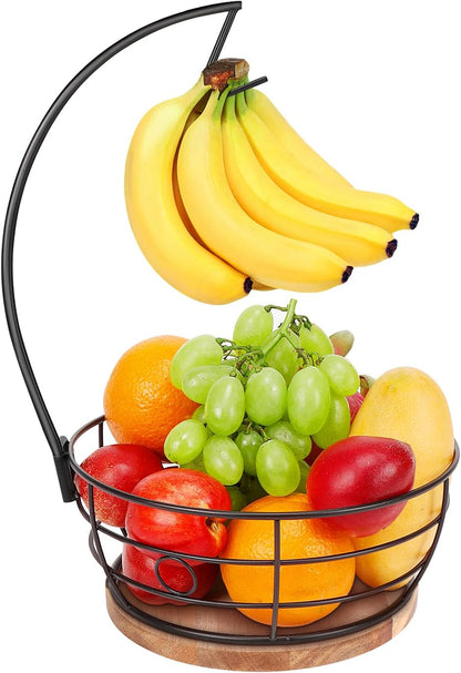 Livabber Countertop Fruit Basket Bowl with Banana Hanger, Modern Standing Fruit Vegetable Bowl