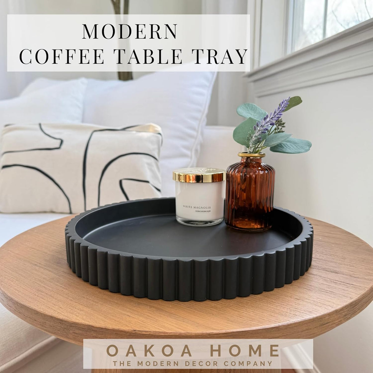 OAKOA Concrete Black Tray for Coffee Table - Round Black Decorative Tray for Table Decor - Bandejas