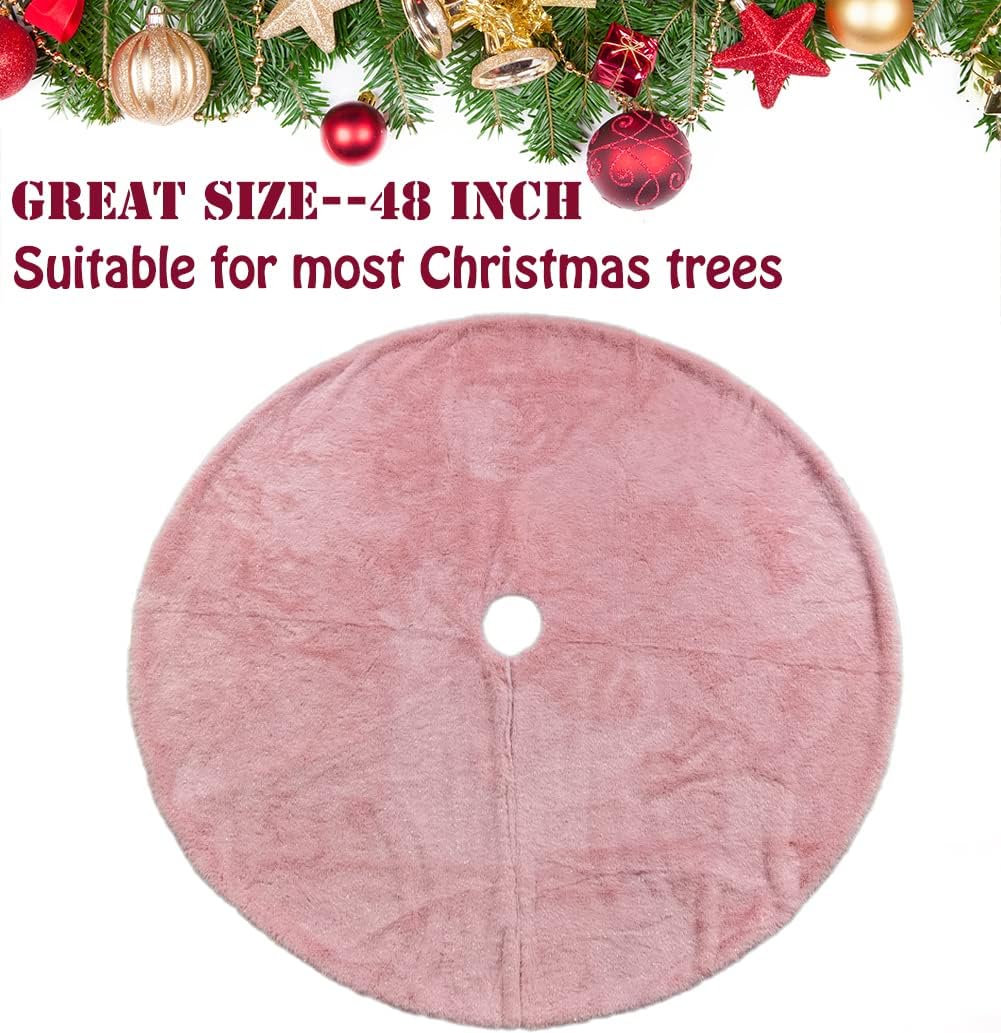 AOGU 48 Inch Faux Fur Christmas Tree Skirt Pink Shiny Plush Skirt for Merry Christmas Party