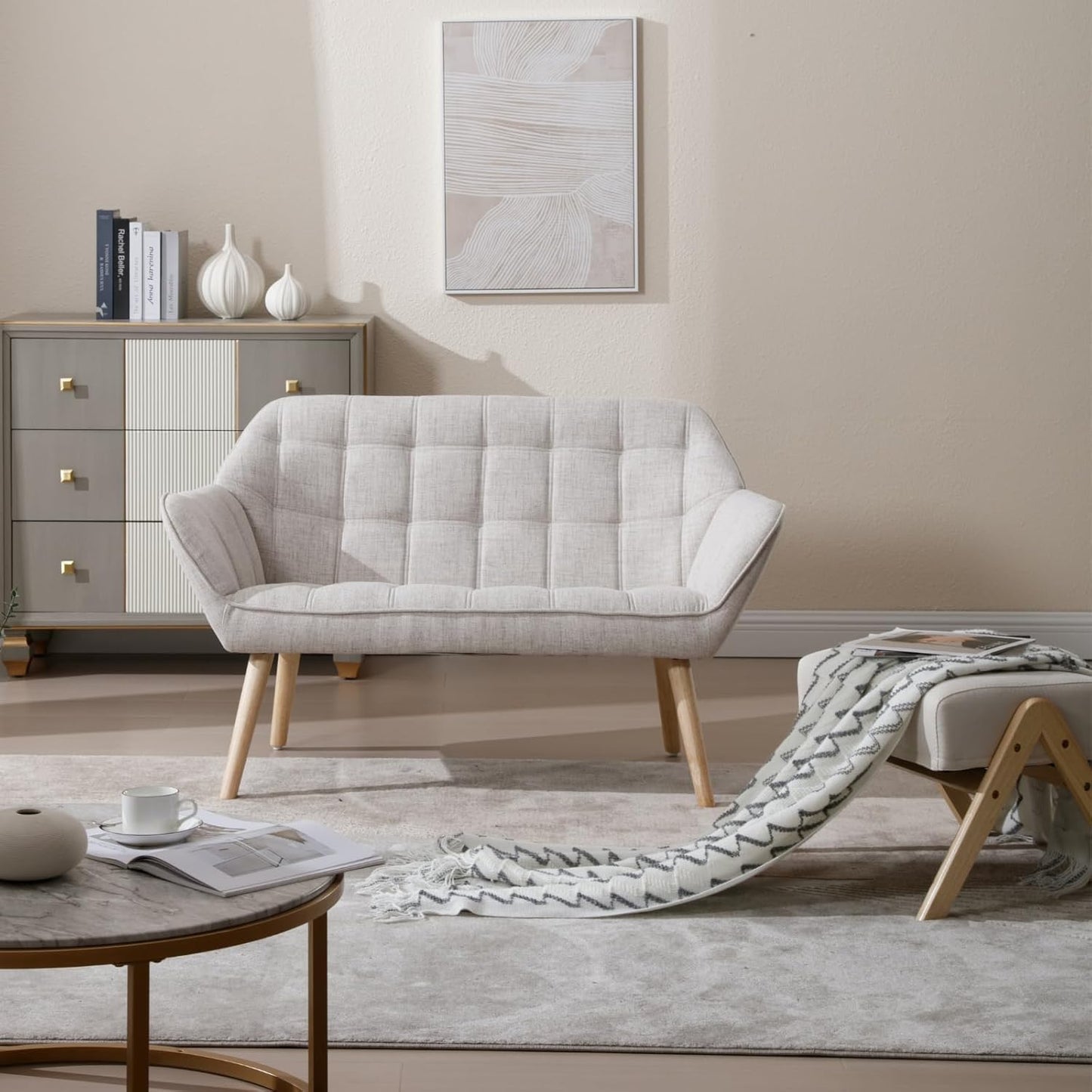 48" Small Loveseat Sofa, Modern Linen Fabric Mini Sofa Couch 2-Seater Love Seat with Quilting Backs