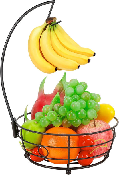 Livabber Countertop Fruit Basket Bowl with Banana Hanger, Modern Standing Fruit Vegetable Bowl