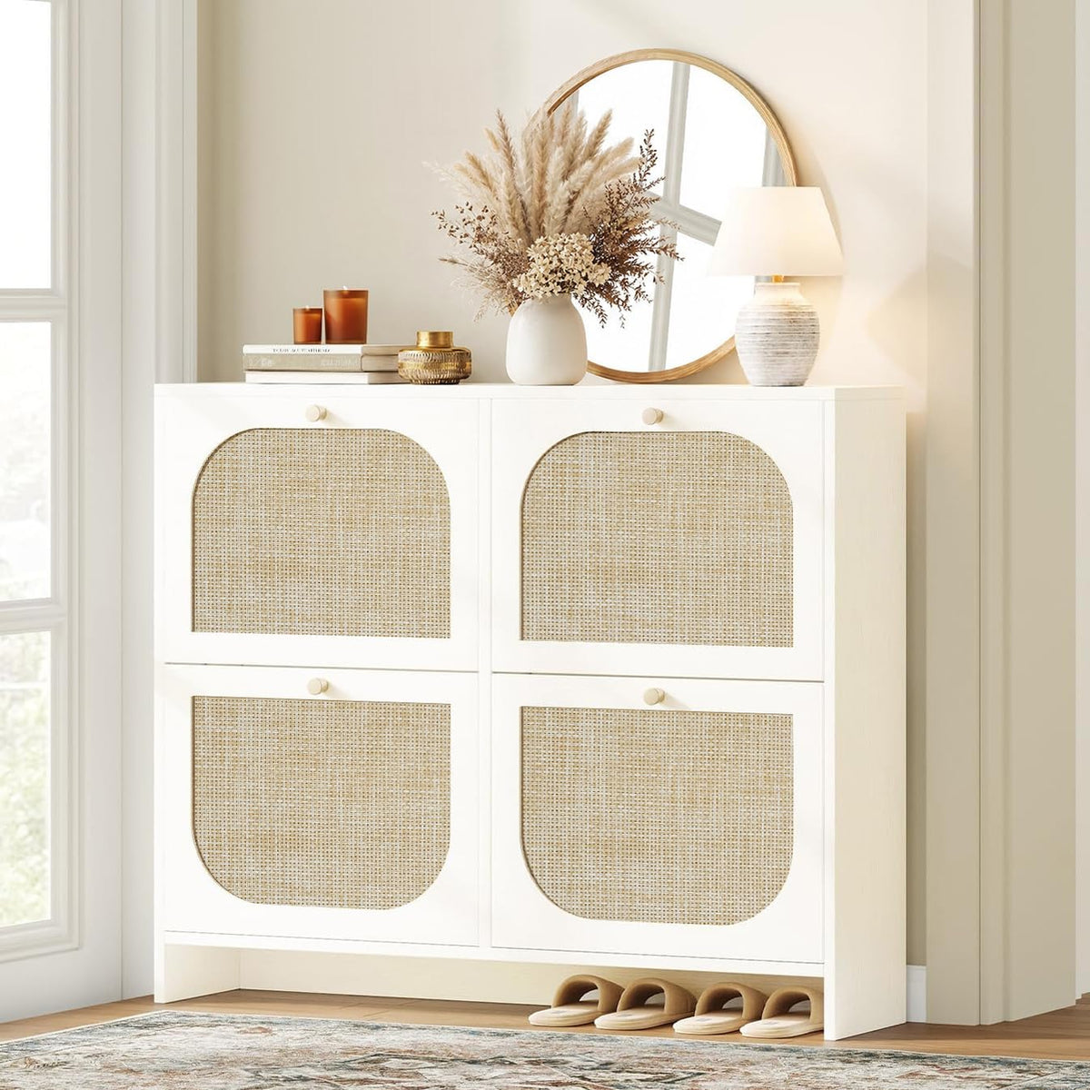 Nicetree Rattan Shoe Cabinet for Entryway, 9.5" Ultra-Thin Narrow Shoe Rack with 4 Flip Drawers