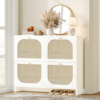 Nicetree Rattan Shoe Cabinet for Entryway, 9.5" Ultra-Thin Narrow Shoe Rack with 4 Flip Drawers
