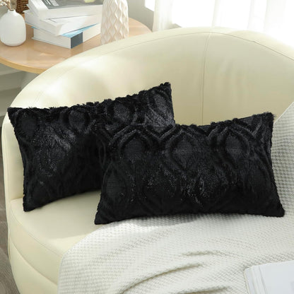 decorUhome Fall Throw Pillow Covers 12x20 Inch Set of 2, Soft Plush Decorative Faux Fur Black Solid