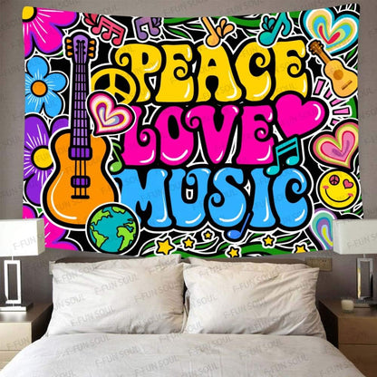 F-FUN SOUL Peace Love and Music Tapestry, 80x60inches Soft Flannel, Guitar Symbol Dove Flowers