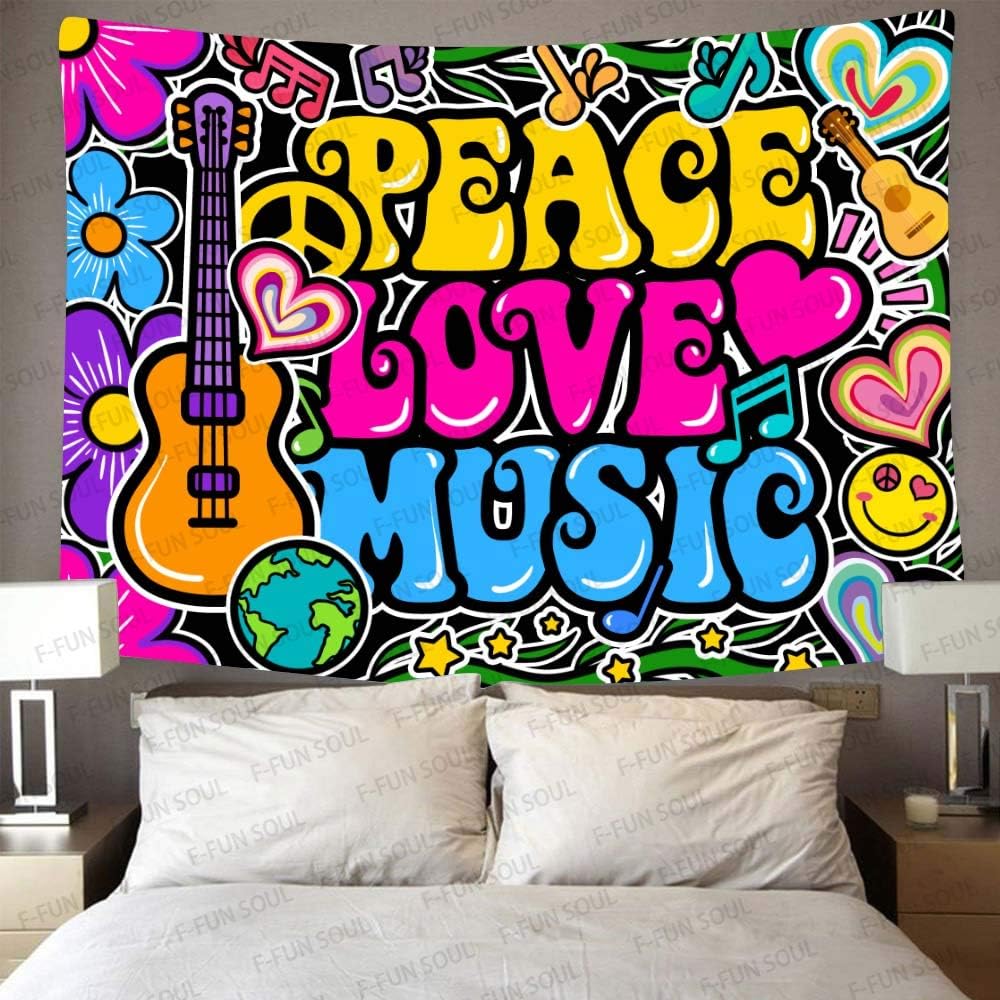 F-FUN SOUL Peace Love and Music Tapestry, 90x84inches Soft Flannel, Guitar Symbol Dove Flowers
