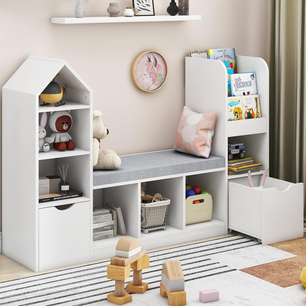 Vabches Kids Bookcase and Bookshelf with Reading Nook, Multifunctional Bookcase with 7 Storage