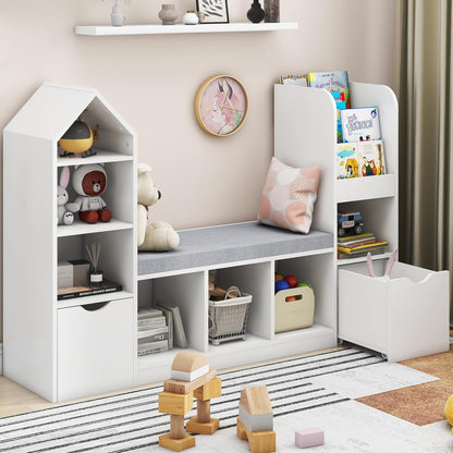 Vabches Kids Bookcase and Bookshelf with Reading Nook, Multifunctional Bookcase with 7 Storage