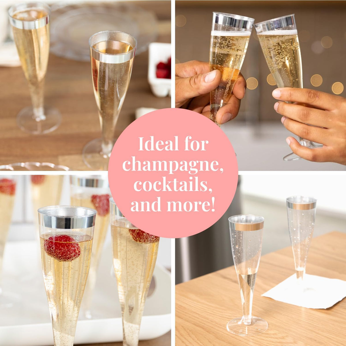 Prestee Set of 24 Silver Glitter Plastic Champagne Flutes - 4.5 oz Capacity - Shatterproof Durable