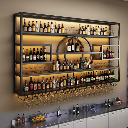 55.1in Wall Mounted Wine Rack, Modern Metal Wine Bottle and Glass Holder, Iron Display Stand