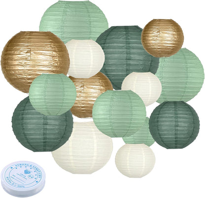 Paper Lanterns Decorative, Round Paper Lanterns Decorations Sage Green/Forest Green/Gold/White for