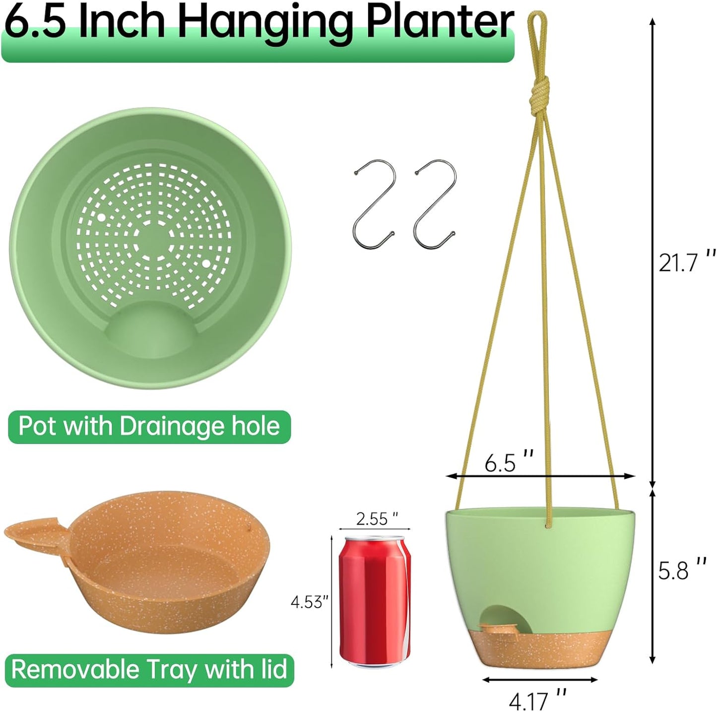 ZMTECH 6.5 Inch Hanging Planters for Indoor Outdoor Plants, 2 Pack Self Watering Hanging Plant Pots