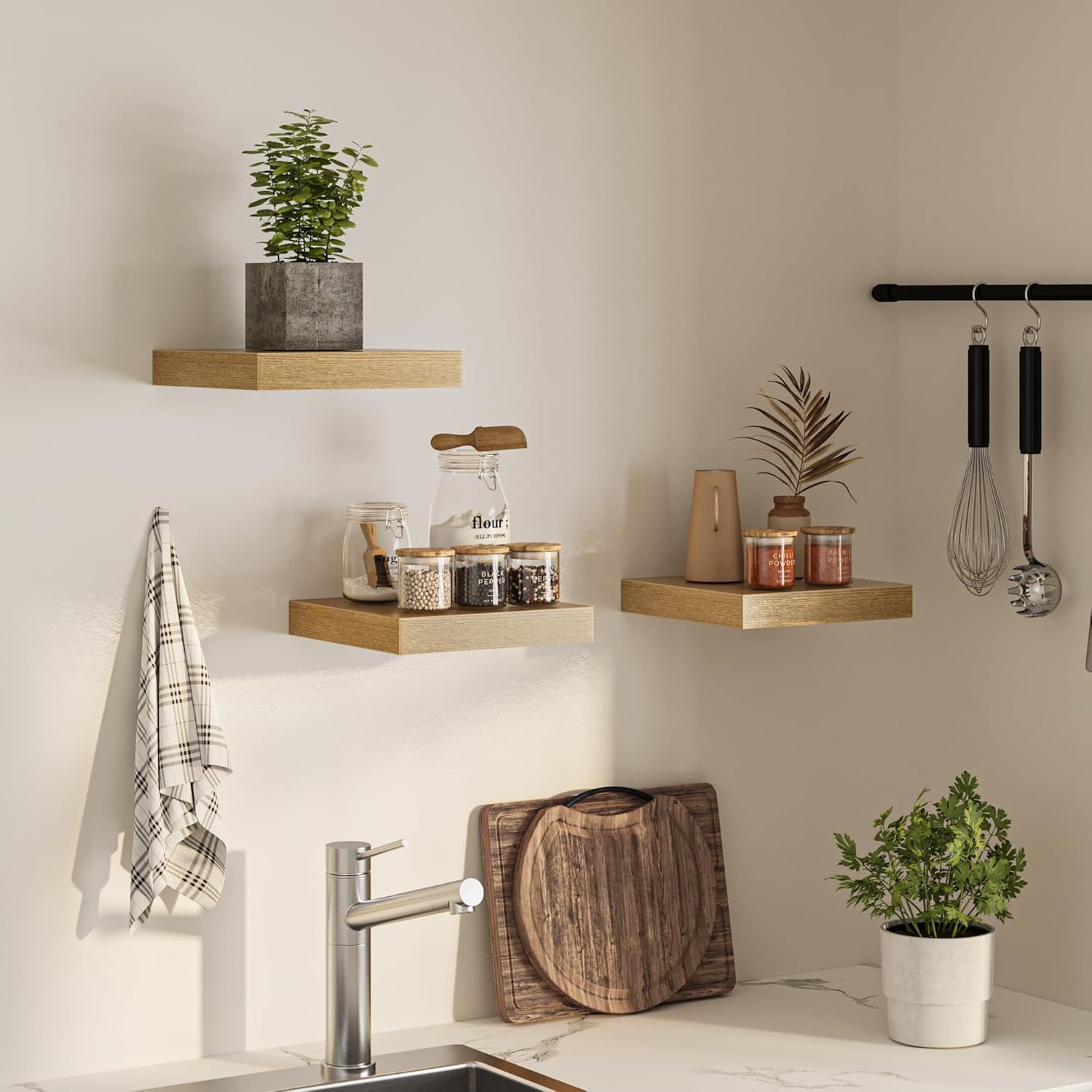 Square Floating Shelves for Wall, 12" W x 12" D x 1.2" H, Small Wooden Wall Mounted Display Shelves