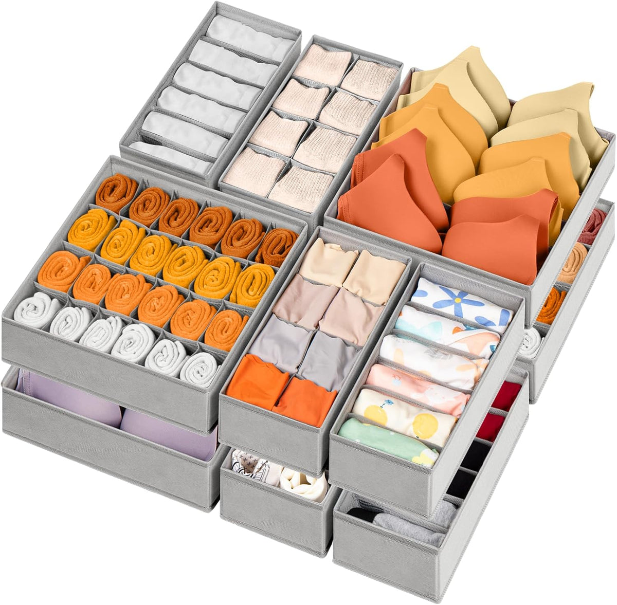 12 Pack Sock Underwear Drawer Organizer Dividers, 116 Cells Fabric Foldable Dresser Closet