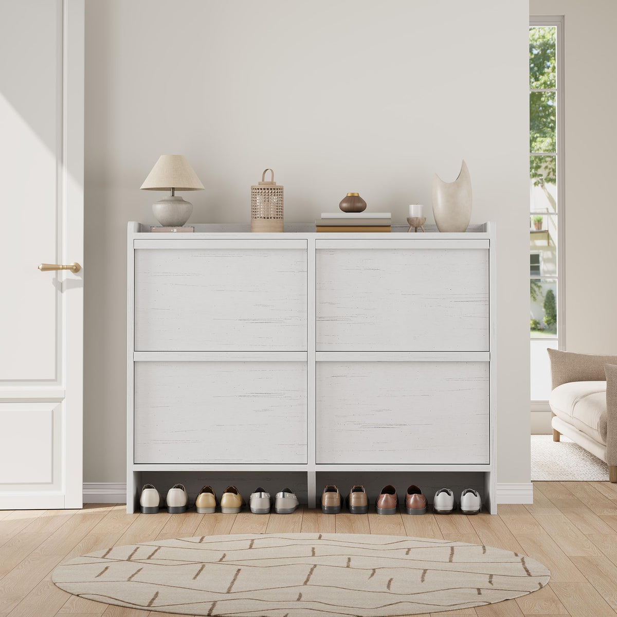 GarveeHome Shoe Cabinet with 4 Flip Drawers, Wooden Shoe Organizer Cabinet with Adjustable Shelf