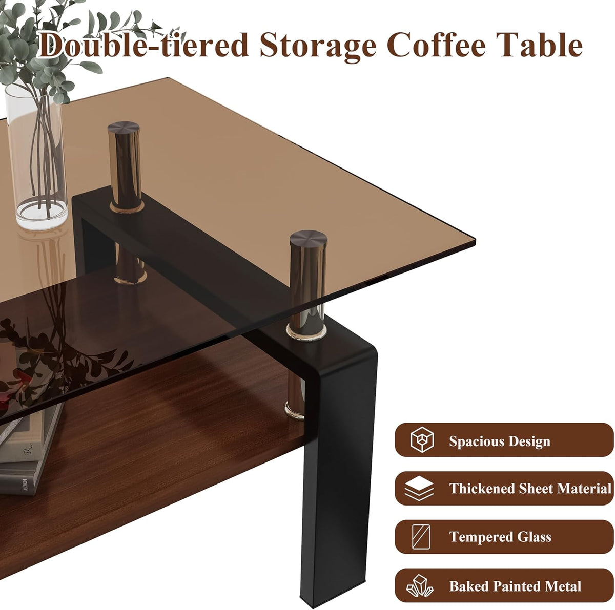39" Brown Glass Coffee Table Walnut Modern Living Room Center Table Rectangle, with Wooden MDF