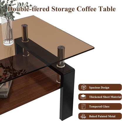 39" Brown Glass Coffee Table Walnut Modern Living Room Center Table Rectangle, with Wooden MDF