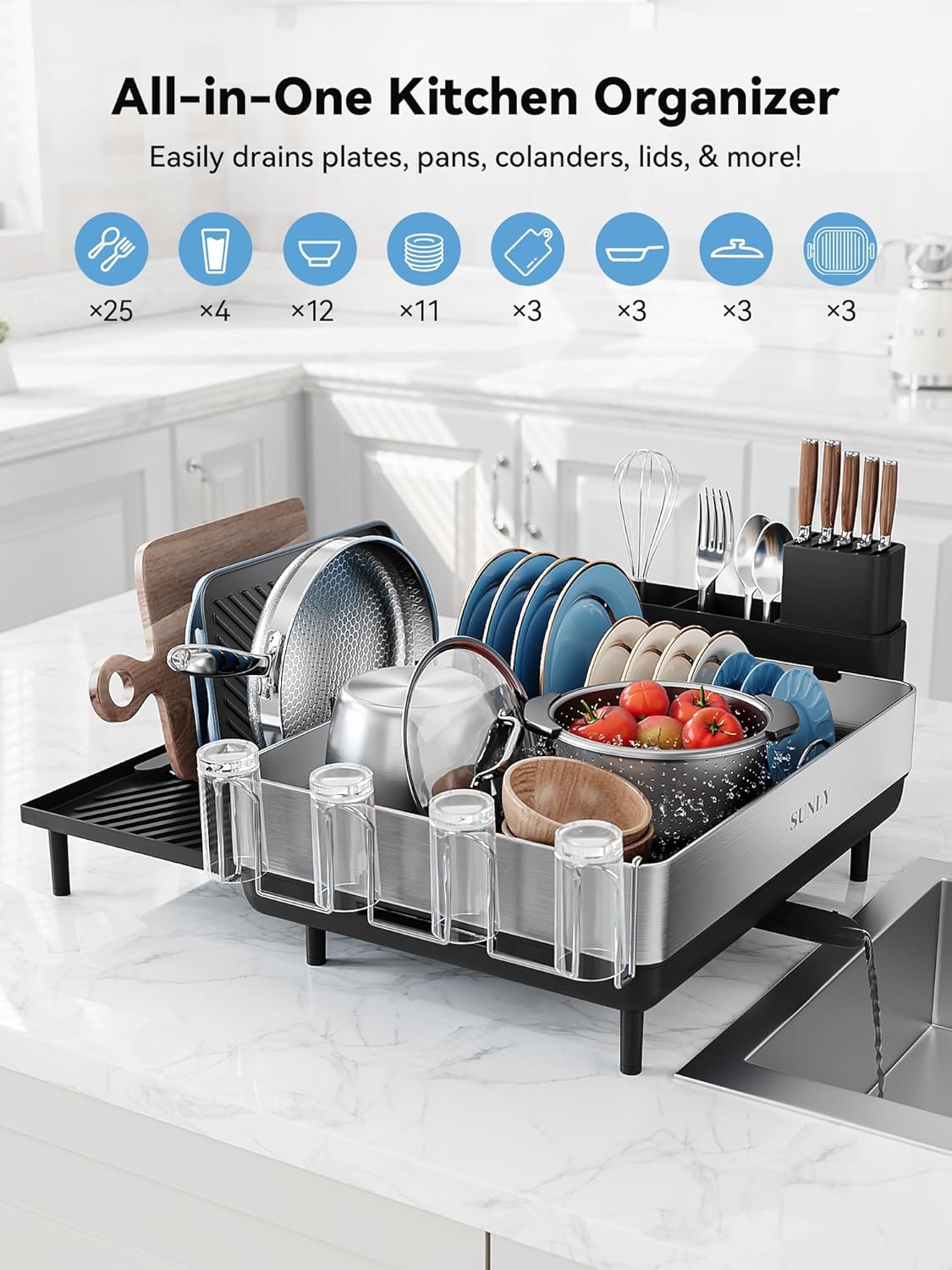 SUNLY Large Dish Drying Rack, Expandable Dish Racks for Kitchen Counter, Space Saving 304 Stainless
