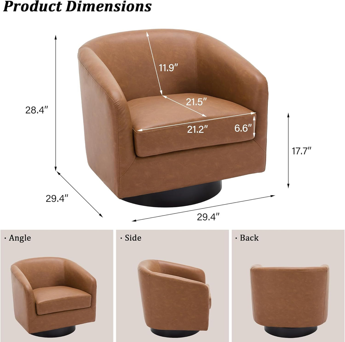 Swivel Barrel Accent Chair, Modern Round Faux Leather Arm Chair for Living Room, Bedroom, Comfy