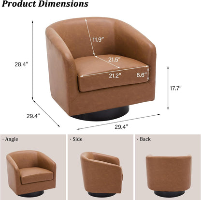 Swivel Barrel Accent Chair, Modern Round Faux Leather Arm Chair for Living Room, Bedroom, Comfy