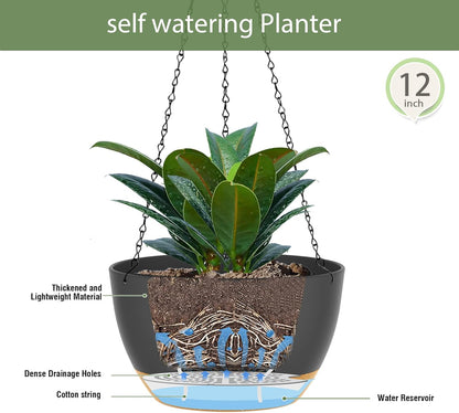 12 Inch Hanging Baskets 2 PC with Chains, Self-Watering Hanging Planters for Indoor Outdoor Plants