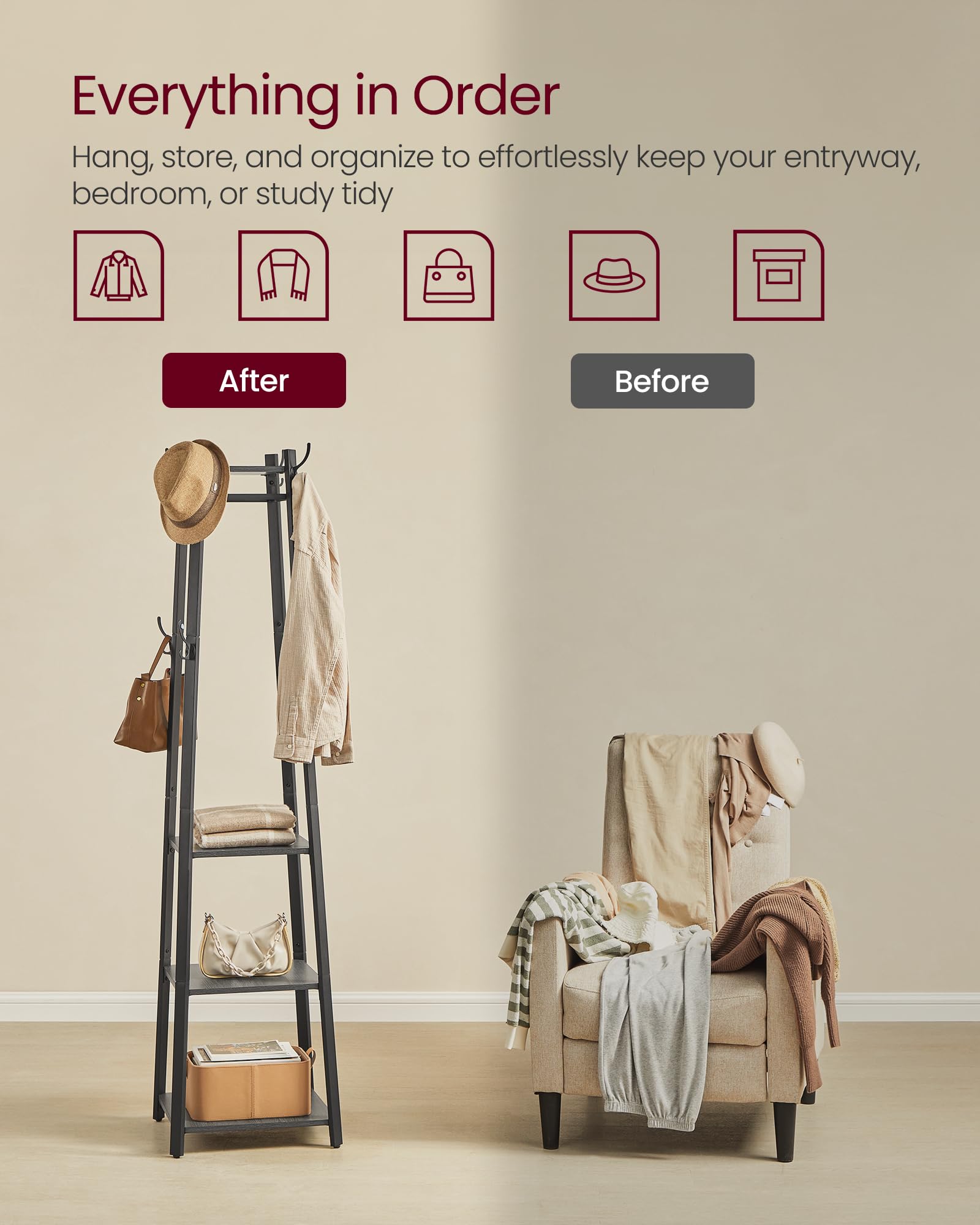 VASAGLE Coat Rack Freestanding, Hall Tree with 4 Shelves