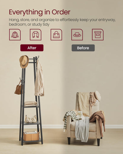 VASAGLE Coat Rack Freestanding, Hall Tree with 4 Shelves