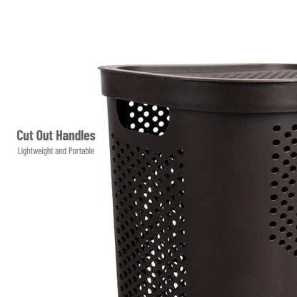 Mind Reader Slim Laundry Hamper with Lid, 60L Clothes Basket, Ventilated Plastic, Brown