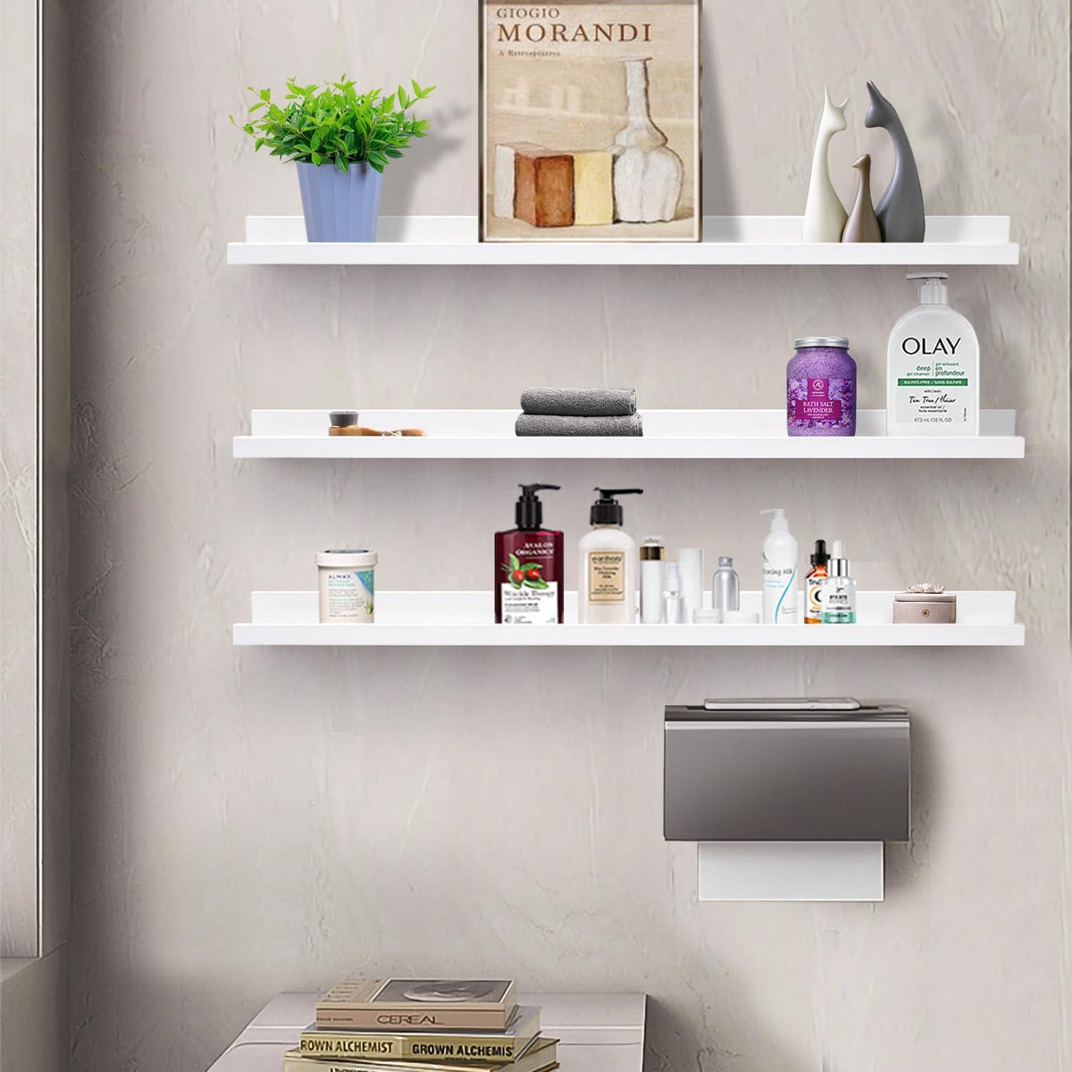 AZSKY 48 Inch White Large Picture Ledges Wood Photo Display Shelf Long Shallow Picture Shelf for