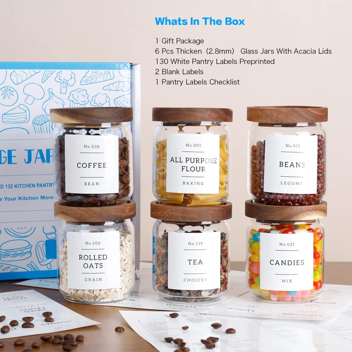 16 OZ Stackable Glass Food Storage Jars with 132 Pantry Labels Preprinted - 6 Pcs Thicken Glass