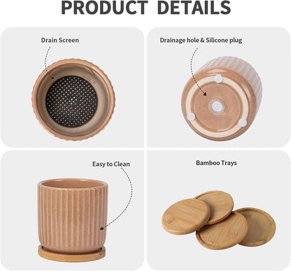 TAMAYKIM 4 Inch Cylinder Ceramic Boho Plant Pots with Drainage Hole and Saucer, Glazed Multicolor