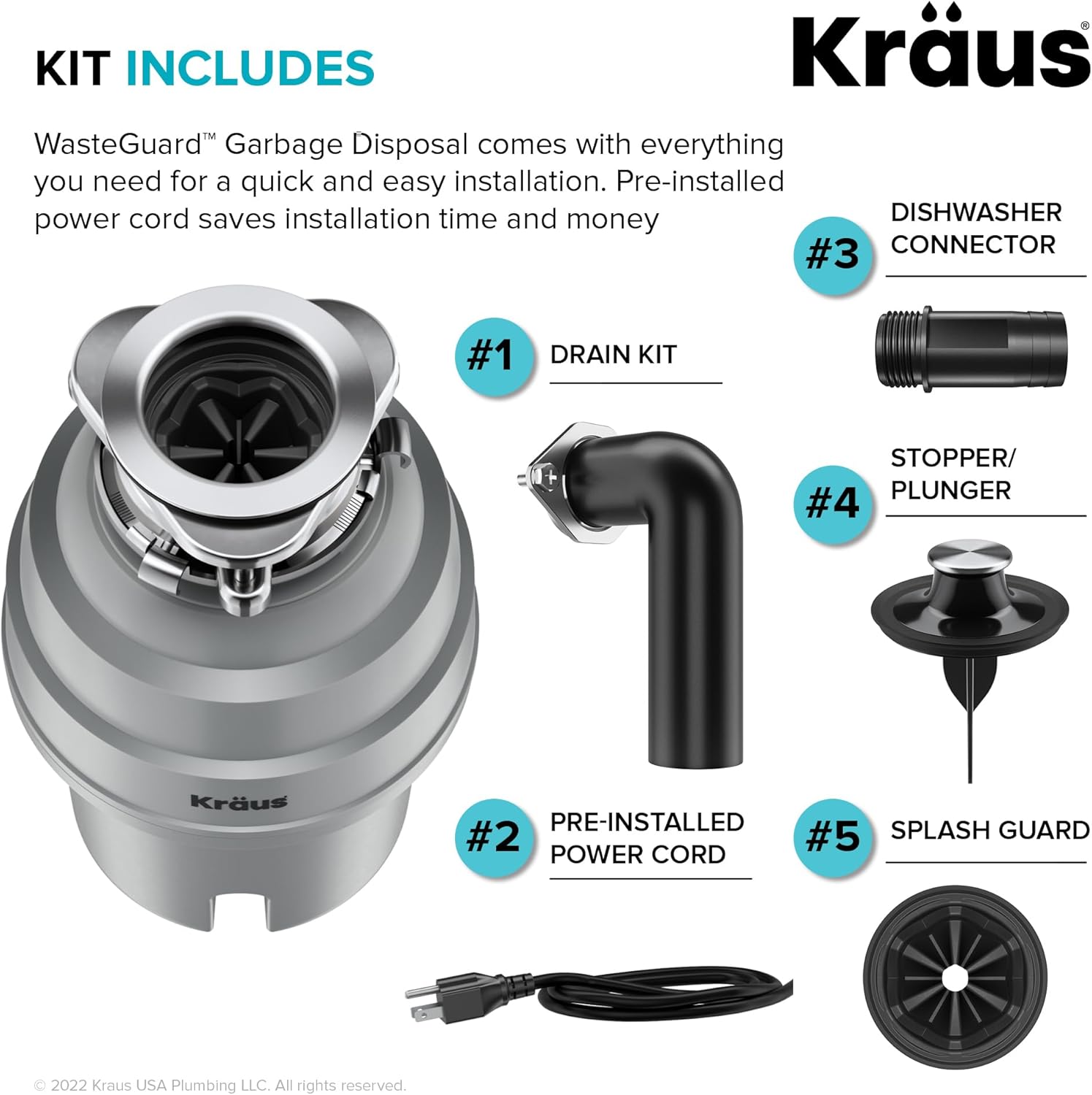 KRAUS WasteGuard High-Speed 3/4 HP Continuous Feed Ultra-Quiet Motor Garbage Disposal with Power
