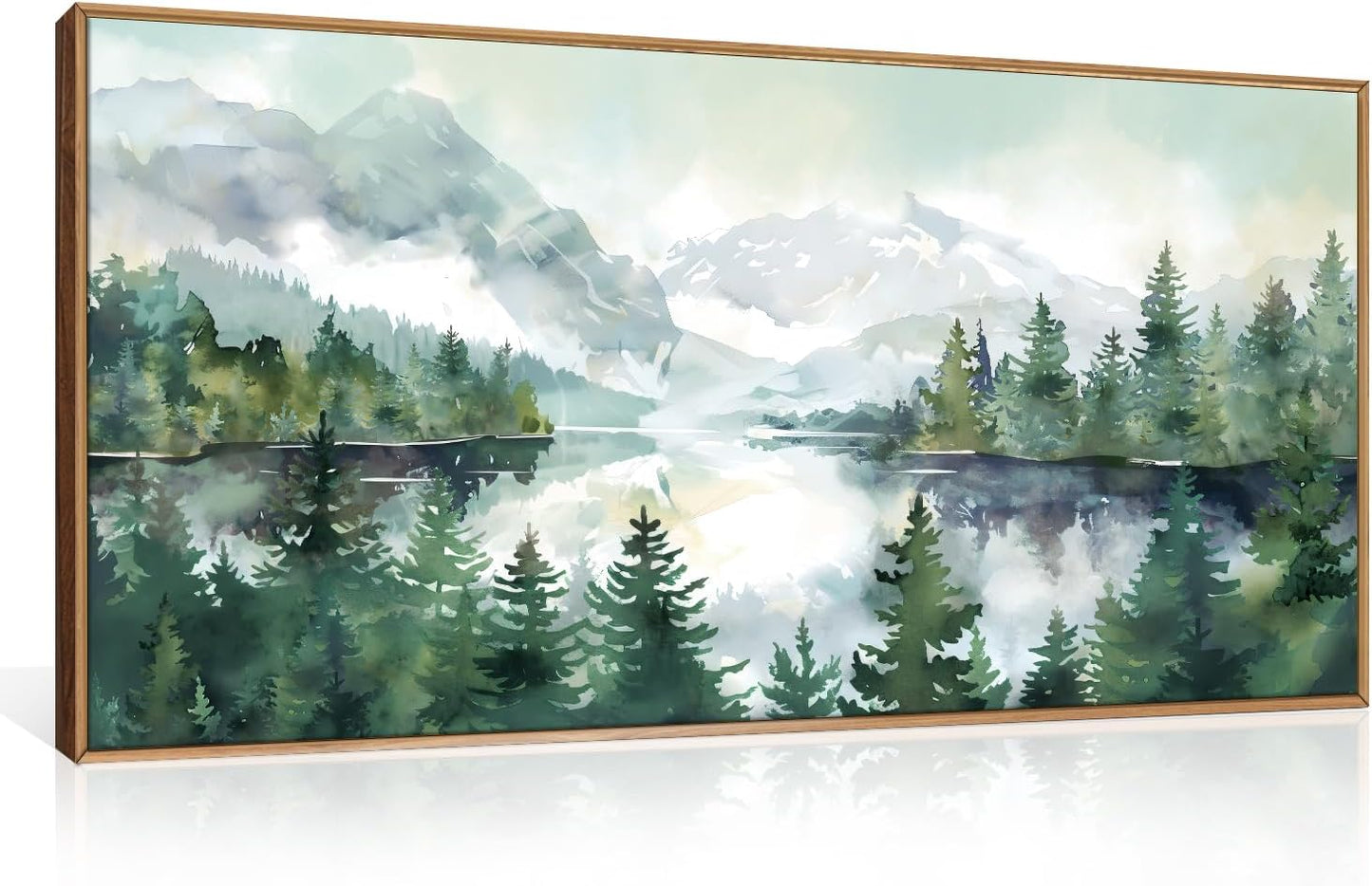 Celestdeco Watercolor Mountain Framed Canvas Wall Art Set, Boho Forest Wall Decor, Nature Green