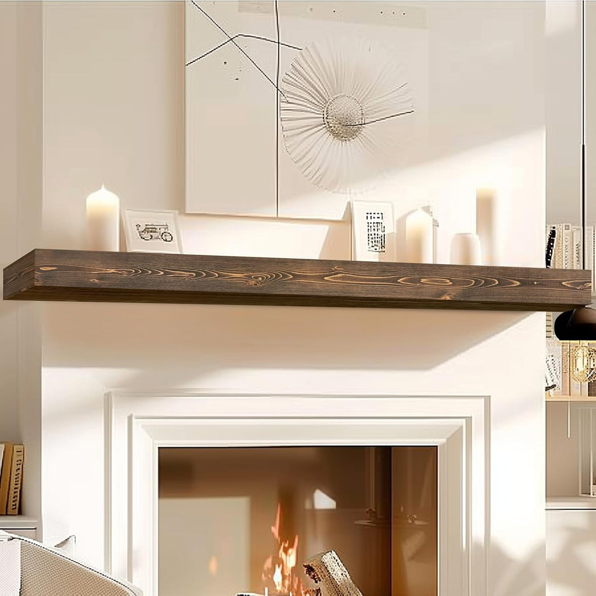 72x8x3 Fireplace Mantel - Handcrafted Hollow Rustic Solid Wood Wall Mounted Floating Shelf with