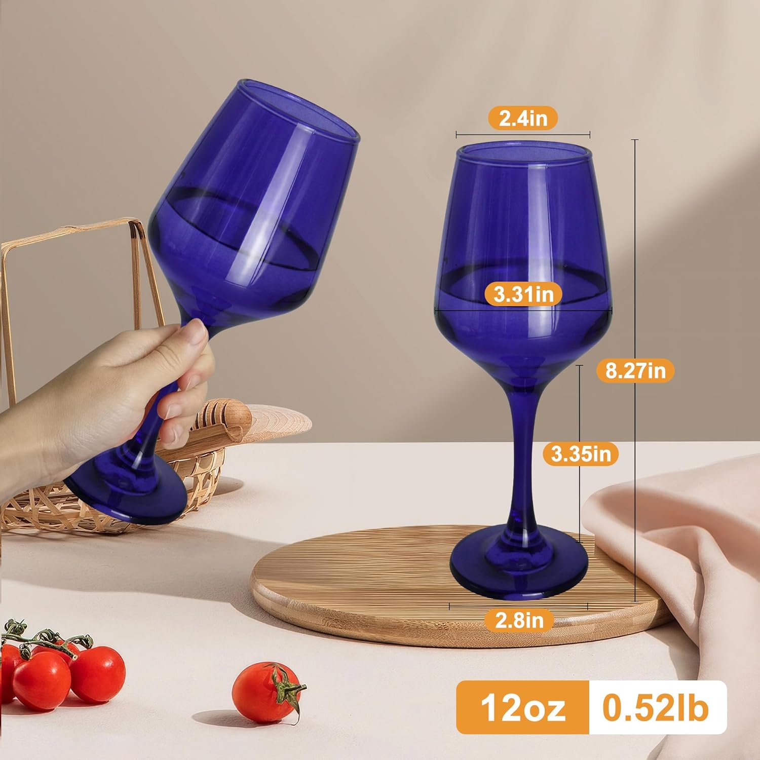 Purple Wine Glasses Set of 6-12oz Purple Long Stem Wine Glass Cups, Pretty Crystal Glassware, Hand