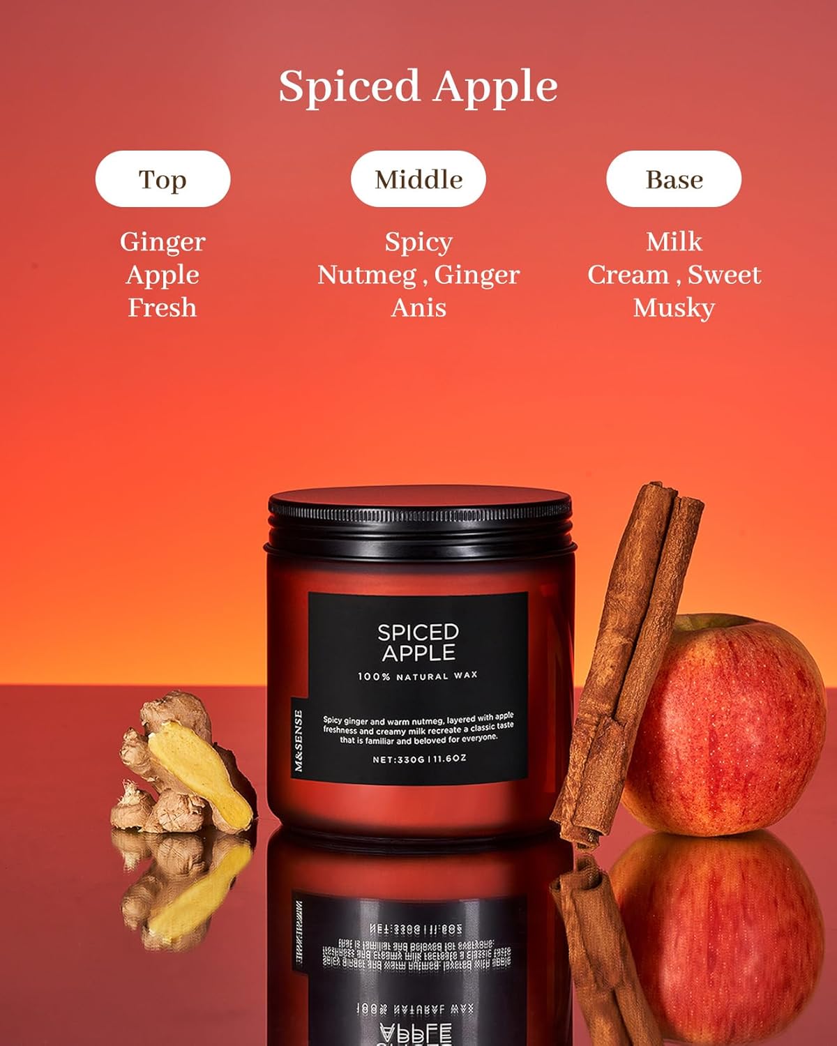 M&SENSE Spiced Apple 2 Wick Fall Scented Candle, 11.6oz Natural Soy Wax Candle for Autumn Decor, Up