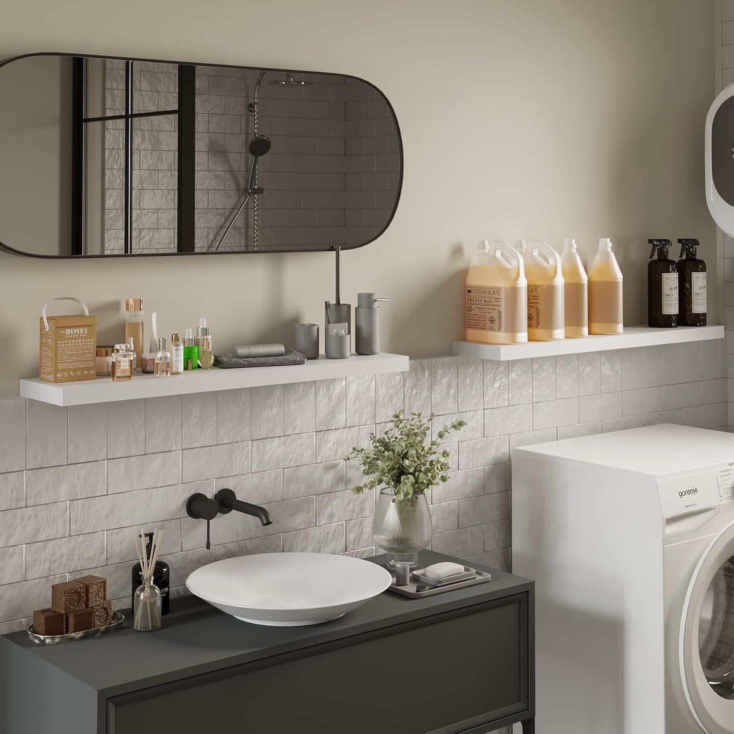 BAMEOS Floating Shelves, 35 in W x 7in D White Wall Mounted Wooden Shelves with Invisible Brackets