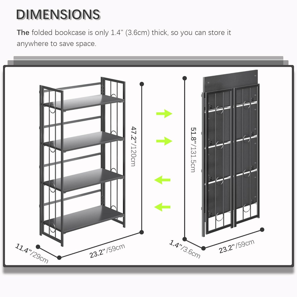 4NM No Assembly 4 Tiers Folding Bookshelf, 47.2" H Foldable Storage Shelves Vintage Bookcase