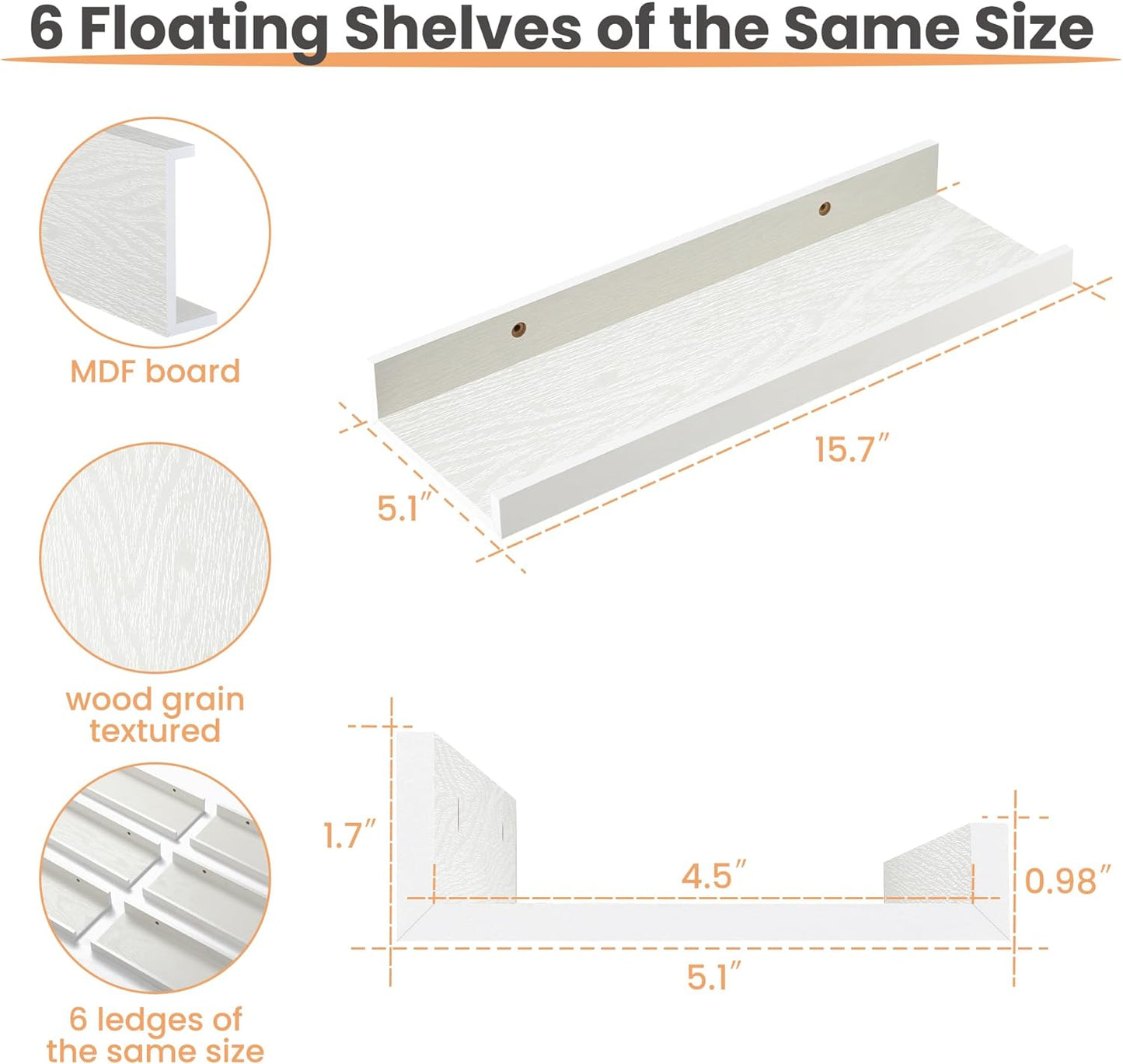 upsimples Floating Shelves for Wall, Wall Shelves for Decor Storage Set of 6, Wall Mounted Wood