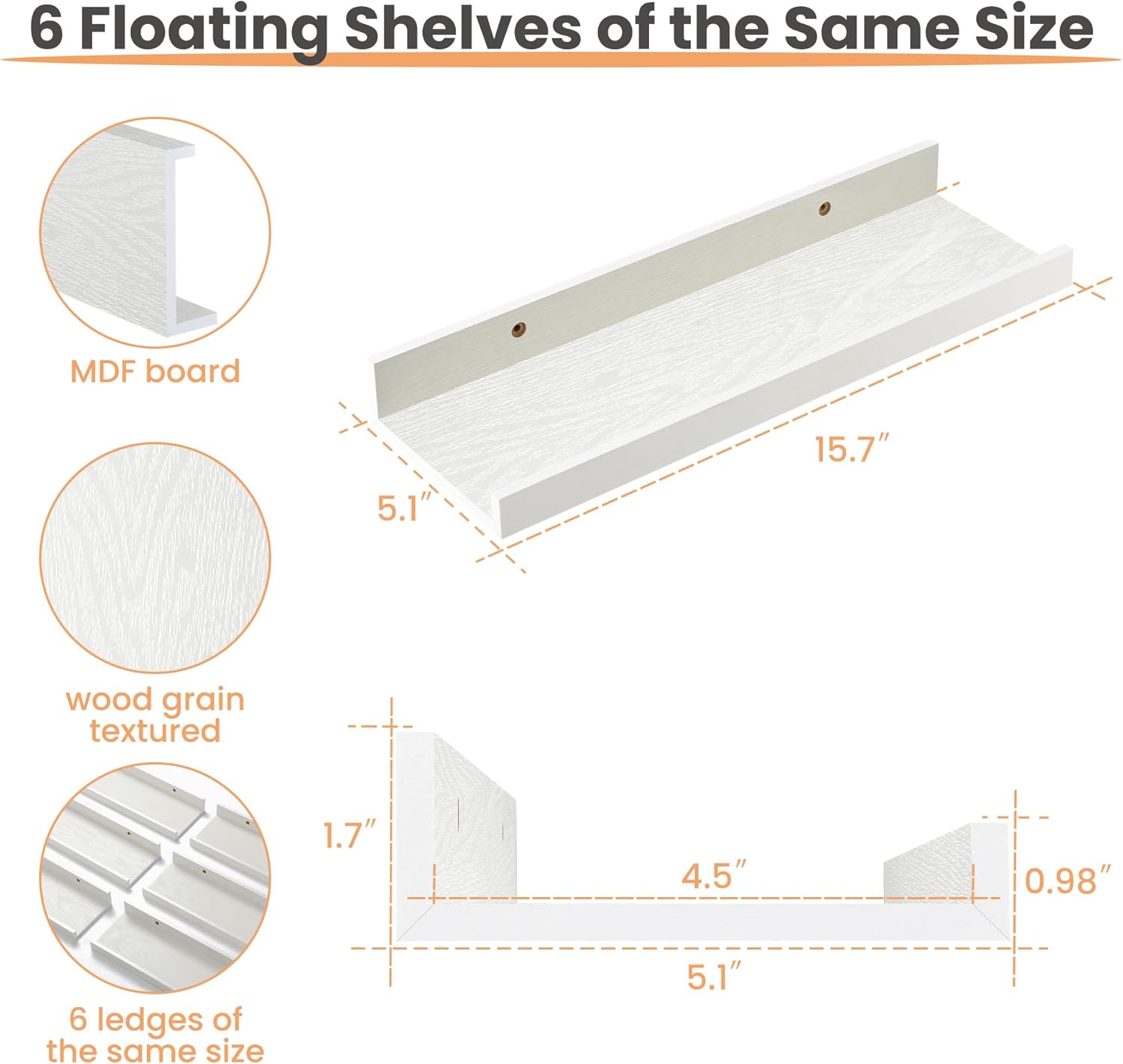 upsimples Floating Shelves for Wall, Wall Shelves for Decor Storage Set of 6, Wall Mounted Wood